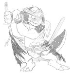 anthro armor asian_clothing blush bulge claws clothing east_asian_clothing embarrassed fundoshi headgear helmet japanese_clothing katana male melee_weapon solo sword torn_clothing underwear wardrobe_malfunction weapon waitfurgodot bandai_namco digimon digimon_(species) ryudamon scalie monochrome sketch