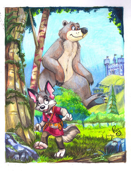 anthro black_nose blue_sky brown_body brown_fur castle clothed clothing duo extreme_size_difference fur glistening glistening_eyes grass grey_body grey_fur logo macro male male_anthro mouth_closed navel notched_ear nude open_mouth open_smile outside pink_inner_ear plant rock size_difference sky smile tan_body tan_fur tree white_body white_fur young young_anthro young_male pandapaco bear canid canine mammal artist_logo signature