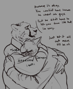 anthro bodily_fluids clothed clothed_anthro clothed_male clothing comforting crying dialogue duo eyes_closed hug male tears text conkycorp canid canine felid feline mammal english_text greyscale hi_res monochrome
