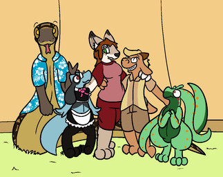 alternate_color anthro apode bottomwear clothed clothing dress eyewear female fur glasses grass green_eyes group hair horn legless long_ears looking_at_viewer maid_uniform male orange_eyes pants plant red_eyes serpentine shirt shocked shorts simple_background smile tail teeth thick_thighs tongue tongue_out topwear uniform wide_hips trout_(artist) nintendo pokemon fan_character gamta bovid canid canine caprine draconcopode felid feline generation_4_pokemon generation_6_pokemon goat goodra lynx mammal naga pokemon_(species) reptile riolu scalie snake 2016 aliasing digital_media_(artwork)