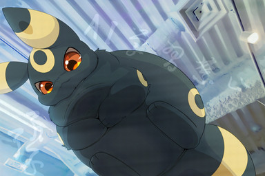 :3 against_surface ambiguous_gender black_body black_fur feral fur kemono loaf low-angle_view on_glass orange_eyes hirochanu nintendo pokemon eeveelution generation_2_pokemon pokemon_(species) umbreon 2025 3:2 distracting_watermark hi_res watermark