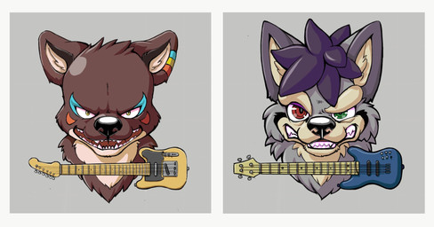 bass_guitar black_nose blue_eyes blue_markings brown_body brown_fur clenched_teeth duo electric_guitar front_view fur grey_ears guitar kemono markings musical_instrument open_mouth plucked_string_instrument red_eyes string_instrument tan_body tan_fur teeth geppei5959 canid canine mammal 2017 digital_media_(artwork) headshot_portrait hi_res icon portrait