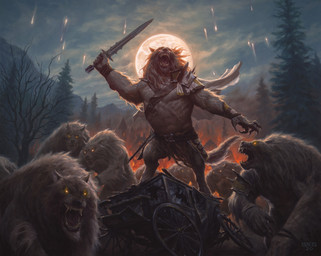 anthro armor belt building cape clothing feral fire forest full_moon fur glowing glowing_eyes grey_body grey_fur group holding_melee_weapon holding_object holding_sword holding_weapon male melee_weapon moon muscular muscular_anthro muscular_male night open_mouth outside pauldron plant red_eyes sharp_teeth standing sword tail teeth town tree vehicle wagon weapon chris_rahn hasbro magic:_the_gathering mythology wizards_of_the_coast canid canine mammal mythological_canine mythological_creature werecanid werecanine werecreature werewolf 2020 hi_res official_art traditional_media_(artwork)
