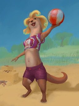 anthro barefoot blonde_hair bottomwear breasts brown_body brown_fur clothing feet female fur grass green_eyes hair holding_beach_ball medium_breasts navel open_mouth outside plant sand shorts smile solo standing tail topwear tree holt5 mammal mustelid otter 2025 3:4 absurd_res digital_media_(artwork) hi_res