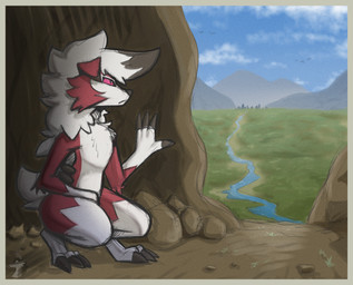 border cave city city_skyline cloud cloudy_sky crouching forest forest_background hand_on_wall landscape looking_away mountain nature nature_background plant river sky solo tree valley wistful yellow_border arkailart nintendo pokemon generation_7_pokemon lycanroc midnight_lycanroc pokemon_(species) absurd_res hi_res