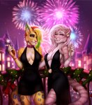 anthro breasts clothed clothing countershading duo ear_piercing ear_ring eyebrows eyelashes female fur hair piercing purple_eyes ring_piercing smile miosha enreeu smurple_(grumbbuck) felid feline leopardus mammal ocelot pantherine tiger 2021 digital_media_(artwork) hi_res