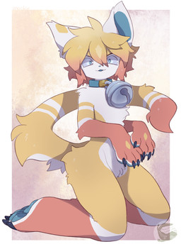 ambiguous_gender anthro bell bell_collar black_claws blonde_hair blue_eyes blue_pawpads claws collar featureless_crotch finger_claws hair leg_markings logo markings pawpads socks_(marking) solo tail text toe_claws mochiri domestic_cat felid feline felis mammal 2026 absurd_res artist_logo artist_name cel_shading digital_drawing_(artwork) digital_media_(artwork) hi_res shaded