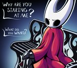 2_horns bench biped black_body black_eyes cloak clothing crossed_legs female horn looking_at_viewer on_bench question_mark red_clothing sitting sitting_on_bench solo text jellli hollow_knight team_cherry hornet_(hollow_knight) arthropod humanoid 2025 english_text hi_res