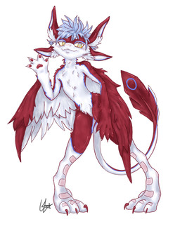 4_ears 4_toes anthro blue_body blue_fur claws feathers feet fur grey_hair hair happy long_tail male multi_ear paws pose red_body red_feathers red_fur smile solo standing tail talons toes white_body white_chest white_feathers white_fur winged_arms wings yellow_eyes gnida_gnid avali absurd_res hi_res