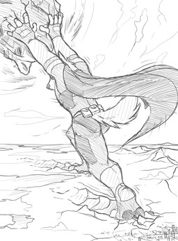 anthro belt bodysuit cape clothed clothing comet footwear gloves handwear macro male male_anthro skinsuit solo superhero tail tight_clothing solaxe_(artist) canid canine mammal monochrome sketch