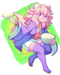 anthro batter cake clothing dessert female food fur pink_body pink_fur purple_clothing purple_eyes solo zipskyblue hanako_(zipskyblue) felid feline mammal 4:5 absurd_res hi_res