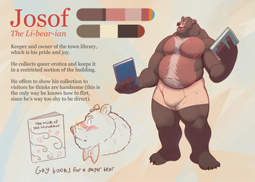 4_toes 5_fingers abstract_background anthro barazoku barbell_piercing belly belly_hair biceps biped black_claws black_nose black_toe_claws blood blue_eyes blush bodily_fluids body_hair book bow_tie boxer_briefs boxer_briefs_only brown_body brown_fur bulge chest_hair claws clothed clothed_anthro clothed_male clothing color_swatch countershade_face countershade_torso countershading eyebrows eyewear facial_hair feet fingers fur glasses grey_inner_ear hairy happy_trail holding_book holding_object humanoid_feet humanoid_hands librarian looking_at_viewer male male_anthro manly mature_anthro mature_male multicolored_body musclegut muscular muscular_anthro muscular_male mustache navel nipple_barbell nipple_piercing nipples nosebleed open_mouth open_smile overweight overweight_anthro overweight_male pecs piercing pince-nez pink_nipples pink_tongue plantigrade round_glasses side_view smile smiling_at_viewer solo standing stated_homosexuality stated_sexuality teeth text three-quarter_view toe_claws toes tongue topless topless_anthro topless_male underwear underwear_only wearing_glasses dullaram josof_(dullaram) bear mammal character_name digital_media_(artwork) english_text handwritten_text hi_res model_sheet shaded