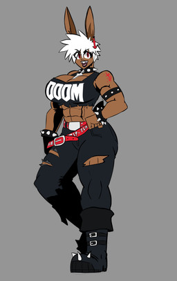 abs belt big_breasts black_bottomwear black_clothing black_jeans black_lips black_pants boots bottomwear bracelet breasts brown_body brown_skin clothing collar denim denim_bottomwear denim_clothing female footwear hair jeans jewelry lips muscular muscular_female open_mouth pants red_belt red_eyes shoes solo spiked_boots spiked_bracelet spiked_clothing spiked_collar spiked_footwear spikes teeth text text_on_clothing text_on_topwear tongue topwear torn_bottomwear torn_clothing torn_jeans torn_pants white_hair deputy_rust doom_(series) id_software microsoft daisy_(doom) animal_humanoid humanoid lagomorph lagomorph_humanoid leporid_humanoid mammal mammal_humanoid rabbit_humanoid 2026 absurd_res hi_res