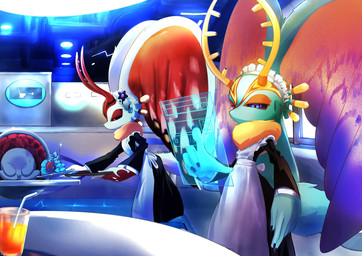 ambiguous_anthro ambiguous_feral ambiguous_gender anthro antlers beverage biped black_sclera bodily_fluids bow_ribbon cafe chair chest_tuft clothed clothed_anthro clothing colored_nails container cup dipstick_tail disgust duo_focus emanata feral fingernails fluffy fluffy_tail food frilly frilly_clothing fur furniture futuristic group head_wings holographic_screen horn huge_wings inside maid_cafe maid_headdress maid_uniform markings mouthless multicolored_body multicolored_eyes multicolored_fur nails narrowed_eyes neck_tuft pink_eyes plate pupils purple_fingernails purple_nails red_body red_fur serving_food serving_tray sweat sweatdrop table tail tail_markings tan_body tan_fur teal_body teal_eyes teal_fur trio tuft uniform unusual_wing_placement white_body white_fur wings yellow_pupils drum_cat kirby_(series) nintendo chaos_elfilis dark_nebula fecto_elfilis fecto_forgo kirby alien chinchilla chinchillid mammal rodent starling_(kirby) waddling_head 2022 digital_drawing_(artwork) digital_media_(artwork) hi_res