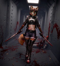 ambiguous_gender anthro biped black_boots black_clothing black_crop_top black_footwear black_gloves black_handwear black_jacket black_nose black_shirt black_topwear blood blood_on_face bodily_fluids boots bottomwear breasts brown_hair cheek_tuft clothed clothing corpse countershade_face countershade_torso countershading covered_in_blood crop_top denim denim_bottomwear denim_clothing denim_shorts dipstick_tail facial_tuft female footwear fur gloves gore grin group gun hair handwear holding_melee_weapon holding_object holding_sword holding_weapon inside jacket latex latex_clothing legwear looking_at_viewer markings medium_breasts melee_weapon midriff multicolored_body multicolored_fur navel ranged_weapon red_body red_fur rifle shirt shoes short_hair shorts smile solo_focus sword tail tail_markings teeth thigh_boots thigh_highs topwear tuft two_tone_body two_tone_fur walking weapon white_body white_countershading white_fur white_markings eleode ines_(eleode) canid canine fox mammal 2026 absurd_res hi_res