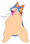 anthro belly blue_body blue_ears blue_fur blue_tail bodily_fluids claws drooling fire front_view fur half-closed_eyes hand_on_belly hand_on_own_belly heart_symbol looking_at_viewer male multicolored_body multicolored_fur narrowed_eyes pink_eyes saliva sharp_teeth simple_background solo standing tail teeth text tongue tongue_out two_tone_body two_tone_fur white_background yellow_body yellow_claws yellow_fur rydryd nintendo pokemon generation_2_pokemon pokemon_(species) typhlosion 2024 digital_media_(artwork) english_text hi_res