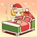 accessory amber_eyes anthro bed bell biped blonde_hair blush bodily_fluids chibi christmas_clothing christmas_headwear clothing costume dialogue female fur furniture gradient_background hair hat headgear headwear heart_background heart_symbol holidays kneeling looking_down on_bed santa_costume santa_hat shy simple_background solo sweat tail tail_motion text yellow_body yellow_fur shigatake animal_crossing christmas nintendo isabelle_(animal_crossing) canid canine canis domestic_dog mammal shih_tzu toy_dog 1:1 2014 artist_name dated japanese_text signature translated