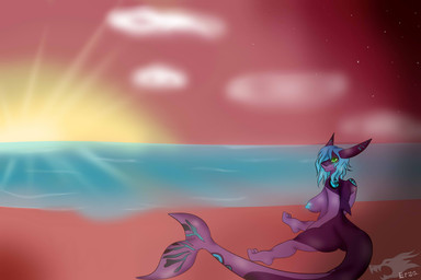 anthro beach big_breasts blue_hair blue_nipples breasts female green_eyes hair looking_at_viewer nipples non-mammal_breasts non-mammal_nipples nude seaside solo sunrise sunset water erzabloodred aquatic fish shark 3:2 hi_res