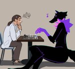 alien anthro black_body black_fur chess clothed clothing duo el-k female fen_(el-k) fur hi_res human male mammal musical_note musical_symbol neck_tuft nude purple_body purple_fur purple_sclera size_difference symbol tail tuft