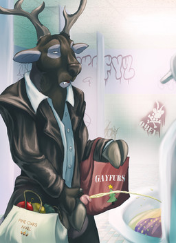 animal_genitalia anthro bathroom biped bodily_fluids clothed clothing fully_clothed genital_fluids genitals graffiti holding_own_penis holding_penis hooves looking_at_viewer male peeing penis penis_tip public_restroom sheath shopping solo standing text tired tote_bag urinal urine watersports halapmir cervine deer elk mammal digital_media_(artwork) english_text hi_res