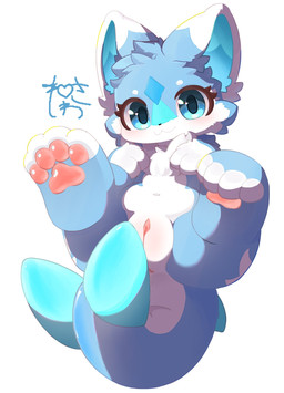 4_fingers anthro blue_body clitoral_hood female fingers genitals humanoid_genitalia humanoid_vulva looking_at_viewer pawpads shark_tail simple_background solo vulva white_body young neisawa vnight6 canid canine fox hybrid mammal hi_res