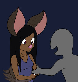 ambiguous_gender anthro bat_wings black_hair breasts brown_body brown_fur cleavage clothed clothing duo female fur hair membrane_(anatomy) membranous_wings pink_nose purple_eyes shirt tank_top topwear wings terdburgler florence_(terdburgler) ambiguous_species bat leaf-nosed_bat mammal microbat yangochiropteran