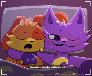 anthro arm_around_neck bed bedding black_eyes blanket blush blush_lines bodily_fluids charm_(jewelry) duo fur furniture hug jewelry male necklace one_eye_closed open_mouth orange_body orange_fur photo pillow pupils purple_body purple_fur selfie sleeping sleeping_together smile smirk sweat sweatdrop teeth text tongue white_pupils tinky mob_entertainment poppy_playtime smiling_critters catnap_(poppy_playtime) dogday_(poppy_playtime) canid canine canis domestic_cat domestic_dog felid feline felis mammal url