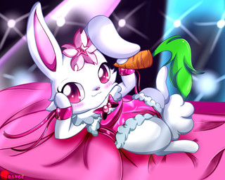 :3 anthro blush carrot female food fur long_ears looking_at_viewer plant playboy_bunny semi-anthro solo suggestive vegetable white_body white_fur mrsorange jewelpet playboy sanrio sega sega_fave ruby_(jewelpet) hare japanese_hare lagomorph leporid mammal 5:4