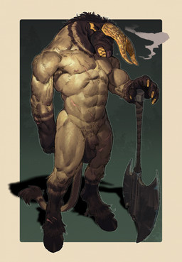 animal_genitalia anthro axe balls border brown_body brown_fur clenched_teeth eyes_closed fully_sheathed fur genitals gradient_background green_background hooves horn male male_anthro multicolored_body multicolored_fur muscular muscular_anthro muscular_male nipples nude_anthro nude_male pecs scar sharp_teeth sheath simple_background solo standing tail tail_tuft tan_background tan_body tan_border teeth tuft roamingthrough mythology bovid bovine cattle dragon hybrid mammal mythological_creature mythological_scalie scalie hi_res