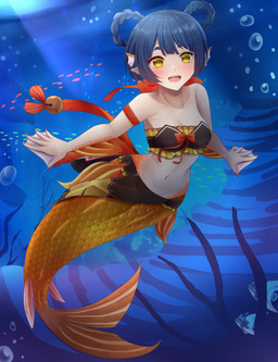 alternate_species blue_hair bra breasts clothing female hair light_body light_skin membrane_(anatomy) mermaidification midriff navel open_mouth short_hair solo split_form underwater underwear water webbed_hands yellow_eyes zephylyne genshin_impact mihoyo xiangling_(genshin_impact) ambient_fish ambient_sealife aquatic humanoid_merfolk merfolk 2025 absurd_res hi_res