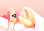 bed blue_eyes featureless_crotch female feral fur furniture happy lying on_bed simple_background solo under_covers wings yellow_body yellow_fur rag._(artist) friendship_is_magic hasbro my_little_pony mythology fluttershy_(mlp) equid equine mammal mythological_creature mythological_equine pegasus 2014 shaded soft_shading