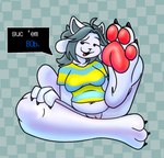 abstract_background anthro bottomless breasts claws clothed clothing dialogue feet female foot_fetish foot_focus genitals pawpads paws presenting_pawpads pussy red_pawpads sitting slightly_chubby smug soles solo text toe_claws toes white_body lovehatealien undertale undertale_(series) temmie_(undertale) canid canine canis domestic_dog mammal tem english_text hi_res