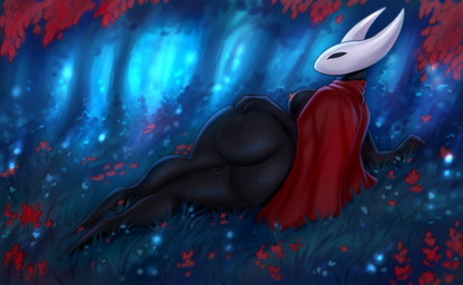 2_horns areola big_butt biped black_body black_eyes breasts butt cape clothing empty_eyes female flower forest hand_on_butt horn nipples nude nude_female plant red_cape red_clothing solo teasing teasing_viewer teasing_with_butt thick_thighs tree wet white_head wide_hips phaulis hollow_knight_(franchise) team_cherry hornet_(hollow_knight) humanoid 2025 hi_res