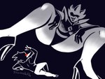 4:3 butt clothing crouching darkner deltarune dracozhilla duo female footwear hi_res high_heels humanoid macro male male/female queen_(deltarune) recoiling scared smug spamton_g._spamton undertale_(series)