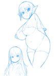 belly big_breasts blush breasts curvy_figure duo female humanoid_pointy_ears looking_at_viewer not_furry pointy_ears simple_background slightly_chubby smile white_background midaten elf humanoid 2020 absurd_res blue_and_white hi_res monochrome sketch