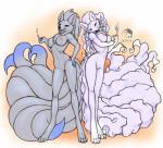 anthro anthrofied breasts brown_eyes claws digitigrade duo female fire fur genitals grey_body grey_fur hair hand_on_hip holding_breast ice long_hair looking_at_viewer magic_user multi_tail neck_tuft nipples nude pussy smile tail tuft white_body white_fur yojek163 nintendo pokemon alolan_form alolan_ninetales generation_1_pokemon generation_7_pokemon ninetales pokemon_(species) regional_form_(pokemon) shiny_pokemon