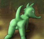 anus backsack balls butt genitals kneeling looking_back male raised_tail solo tail unknown_artist mythology tabaluga_(series) tabaluga dragon mythological_creature mythological_scalie scalie green_theme low_res