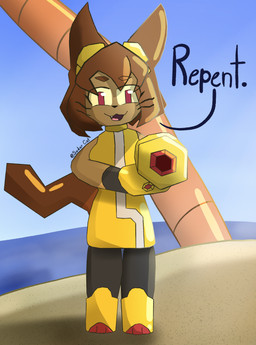anthro beach brown_hair cannon clothing dialogue eyewear female goggles hair looking_at_viewer palm_tree plant ranged_weapon red_eyes sand sea shadow smile smiling_at_viewer solo standing tail text threatening threatening_with_weapon tree water weapon whiskers yellow_clothing soder_cat gameoverse glitch_productions kit_bodega felid mammal digital_media_(artwork) hi_res