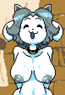 anthro areola big_breasts biped breasts brick brick_wall butt butt_from_the_front collar eyebrows female grey_areola grey_hair grey_nipples hair hands_behind_back mostly_nude nipples open_:3 open_mouth open_smile raised_eyebrows smile solo wall_(structure) bav undertale undertale_(series) temmie_(undertale) canid canine felid feline mammal tem 2025 digital_media_(artwork) hi_res pixel_(artwork) shaded