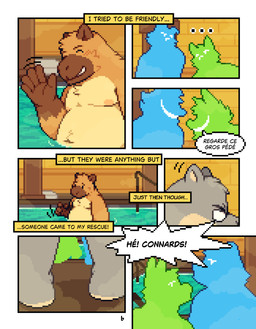 angry anthro belly blush brown_body brown_fur clothed clothing detailed_background dialogue duo eyewear fur glasses group hot_spring inside laughing_at_another looking_back male moobs navel nipples overweight overweight_anthro overweight_male partially_submerged sad smile solo speech_bubble steam text topless topless_male towel trio water wearing_glasses conditional_dnp mabit background_character gabe_(mabit) manny_(mabit) capybara caviid common_hippopotamus hippopotamid mammal rodent 2025 comic digital_media_(artwork) english_text french_text hi_res pixel_(artwork) translated