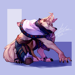 anthro bandage bottomwear claws clothed clothing coat dagger digitigrade feet fur fur_markings grey_body grey_fur hair kneeling kneeling_on_ground loincloth male markings melee_weapon on_one_knee open_clothing pants red_eyes simple_background solo topwear weapon white_body white_fur white_hair abzel cygames world_flipper klaus_(world_flipper) canid canine canis mammal wolf 1:1 shaded