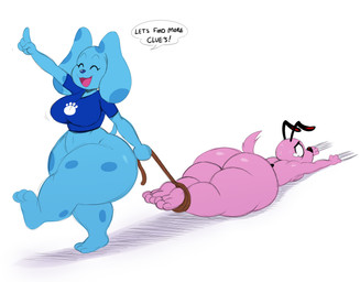 3_toes 4_fingers anthro anthrofied barefoot big_breasts big_butt biped black_ears black_nose black_spots blue_clothing blue_ears blue_nose blue_shirt blue_spots blue_t-shirt blue_tail blue_topwear bodily_fluids bottom_heavy bottomless bottomless_anthro bottomless_female bound breasts butt circle_eyes claw_marks clothed clothing conjoined_speech_bubble crossgender crying curvy_figure dialogue dragging duo excited eyelashes eyes_closed feet female female_anthro fingers floppy_ears front_view fur huge_butt huge_thighs legs_tied mtf_crossgender navel nervous nervous_sweat nude nude_anthro nude_female open_:3 open_mouth pantsless_anthro pantsless_female partially_clothed_anthro partially_clothed_female pawprint_print pink_body pink_fur pink_tail raised_finger rear_view shirt shortstack shortstack_female simple_background speech_bubble spots sweat t-shirt tail tears text thick_thighs three-quarter_view toes topwear voluptuous voluptuous_anthro voluptuous_female walking white_background wide_hipped_anthro wide_hipped_female wide_hips sssonic2 blue's_clues cartoon_network courage_the_cowardly_dog nickelodeon blue_(blue's_clues) courage_the_cowardly_dog_(character) beagle canid canine canis domestic_dog hunting_dog mammal scent_hound 2018 crossover digital_media_(artwork) english_text full-length_portrait hi_res portrait unavailable_at_source