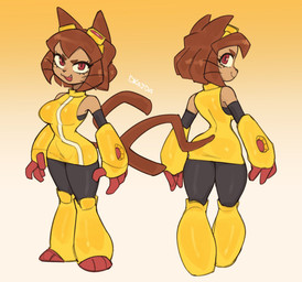 anthro breasts brown_body brown_hair clothing eyebrows eyelashes eyewear eyewear_on_head female goggles goggles_on_head hair open_mouth open_smile red_eyes robotic_arm small_waist smile solo thick_thighs whiskers wide_hips dkajart gameoverse glitch_productions kit_bodega domestic_cat felid feline felis mammal 2026 hi_res