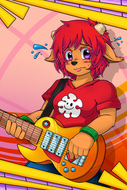 abstract_background anthro clothing electric_guitar female guitar hair horn looking_at_viewer musical_instrument playing_guitar playing_music plucked_string_instrument purple_eyes red_hair simple_background solo string_instrument wristband crankyconstruct parappa_the_rapper sony_corporation sony_interactive_entertainment um_jammer_lammy lammy_lamb bovid caprine mammal sheep hi_res