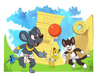 anthro ball black_body black_fur black_nose blue_sky closed_smile clothed clothing day fur grass grey_body grey_fur group logo male mouth_closed open_mouth open_smile outside plant playful running sky smile topless trio whiskers white_body white_fur yellow_body yellow_fur young young_anthro young_male pandapaco domestic_cat felid feline felis leopard mammal mouse murid murine pantherine rodent artist_logo signature