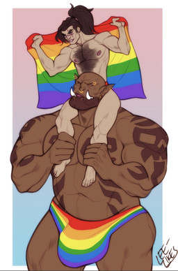 abs biceps bulge clothed clothing duo fangs lgbt_pride male male/male muscular muscular_humanoid muscular_male nipples not_furry pecs pointy_speech_bubble pride_color_clothing pride_color_flag pride_colors rainbow_colors speech_bubble tattoo teeth thong thong_only topless underwear underwear_only leelikessmut blizzard_entertainment lgbt_pride_month warcraft garrosh_hellscream varian_wrynn human humanoid mammal orc hi_res