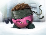 accessory armless beard brown_hair cigarette clothing facial_hair footwear gloves gun hair handgun handwear headband kerchief legless male not_furry outside pink_body pistol ranged_weapon shoes smoke smoking snow solo weapon jakob_pierzyna kirby_(series) konami metal_gear nintendo kirby solid_snake alien waddling_head crossover