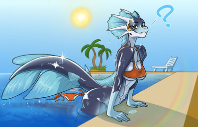 5_fingers anthro bottomless bottomless_anthro bottomless_female breasts clothed clothing dorsal_fin eyebrows female fin fingers membrane_(anatomy) non-mammal_breasts partially_submerged plant question_mark smile solo sun swimming_pool swimwear tail tail_fin tree wardrobe_malfunction water webbed_hands ratopombo cc-by-nc-nd creative_commons aquatic hi_res