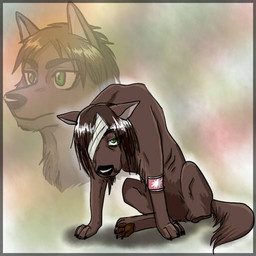 ambiguous_gender amputee armband bandage bandage_on_face black_nose brown_body brown_fur brown_hair claws disability emaciated feral feral_with_hair feralized fur green_eyes hair missing_leg pawpads red_armband solo mizzkie attack_on_titan eren_jaeger canid canine canis domestic_dog mammal 1:1 2017