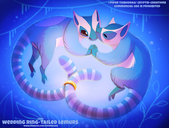 ambiguous_gender black_eyes blue_body blue_fur blush digit_ring duo eyes_closed feral fur humor jewelry kissing pun ring romantic romantic_ambiance text visual_pun wedding_ring white_body white_fur piper_thibodeau lemur mammal primate ring-tailed_lemur strepsirrhine blue_theme digital_media_(artwork) digital_painting_(artwork) english_text painting_(artwork) url